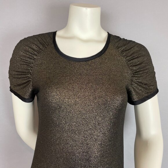 Ann Taylor Metallic Dress Gold Black Short Sleeve Gathered Sleeve Size‎ Medium - Picture 3 of 13